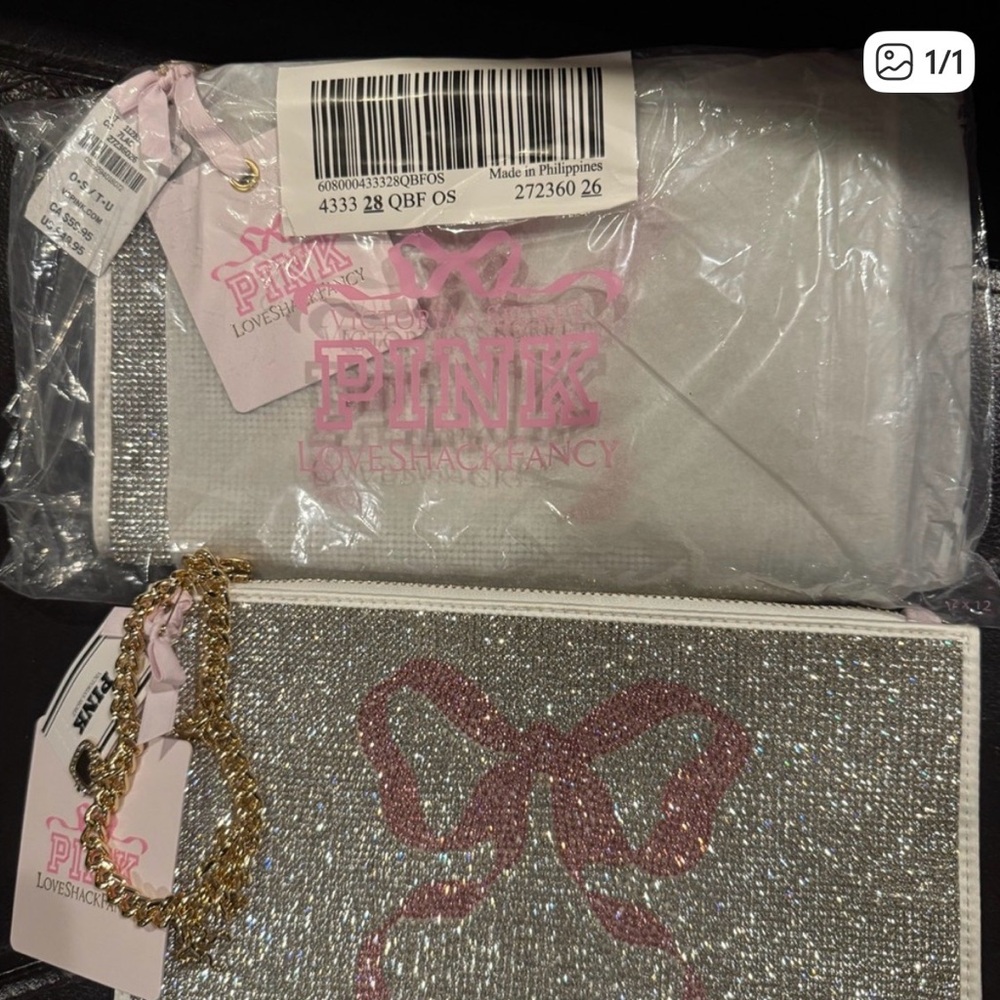 LoveShackFancy Silver Glitter Pouch with Pink Logo